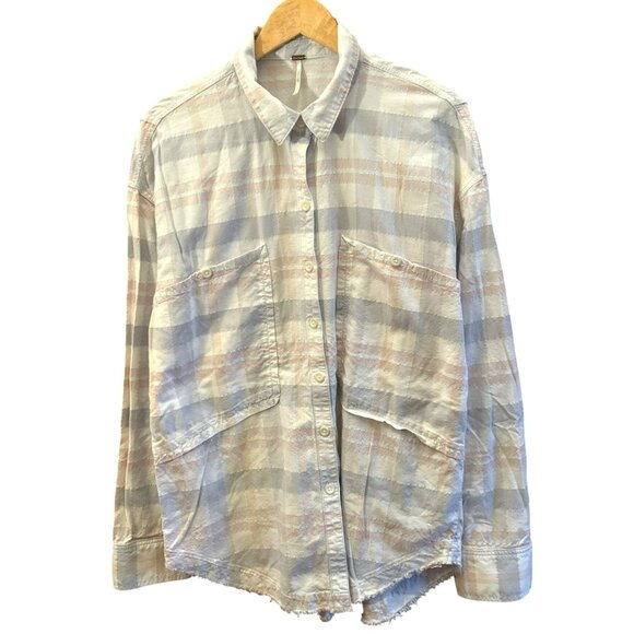 Free People Loveland Purple Pink Plaid Button Up Shirt Large Frayed Hem Preppy - Picture 1 of 6